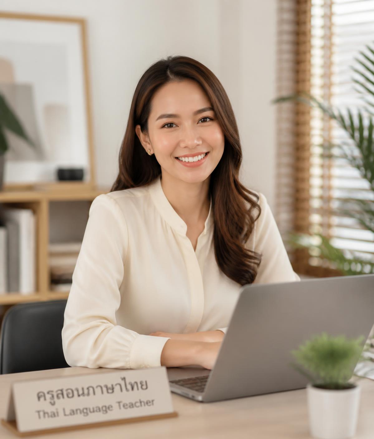 Kru Fah, a native Thai teacher, smiling at her desk before an online lesson
